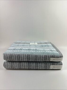 Ecoexistence Bath Towels eco melange Gray Teal Blue Striped Cotton 2 Pc NEW